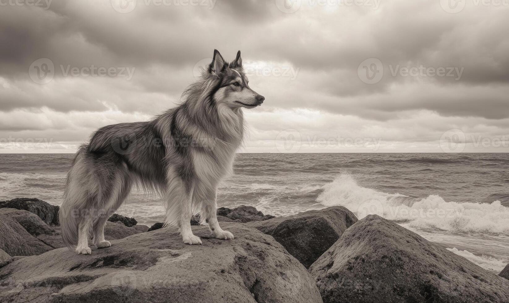 Collie standing on a rocky shore, ocean waves in the background photo