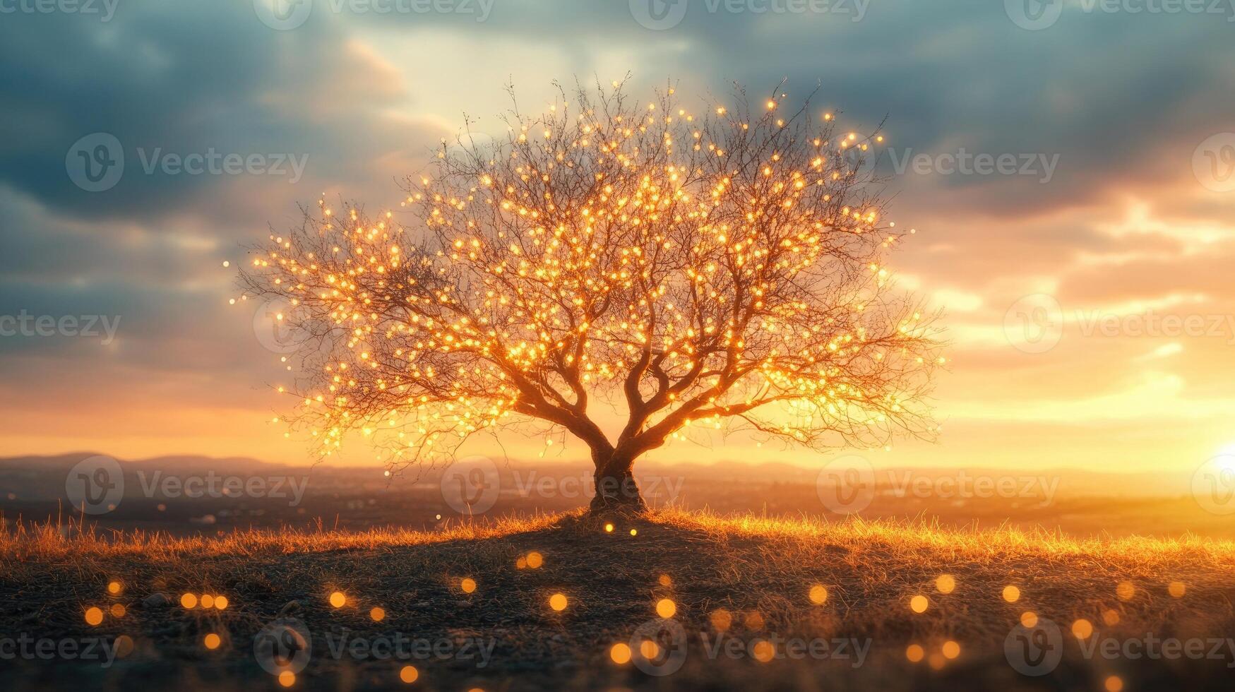 Bare autumn tree covered in glowing lights, sunset sky in the background photo