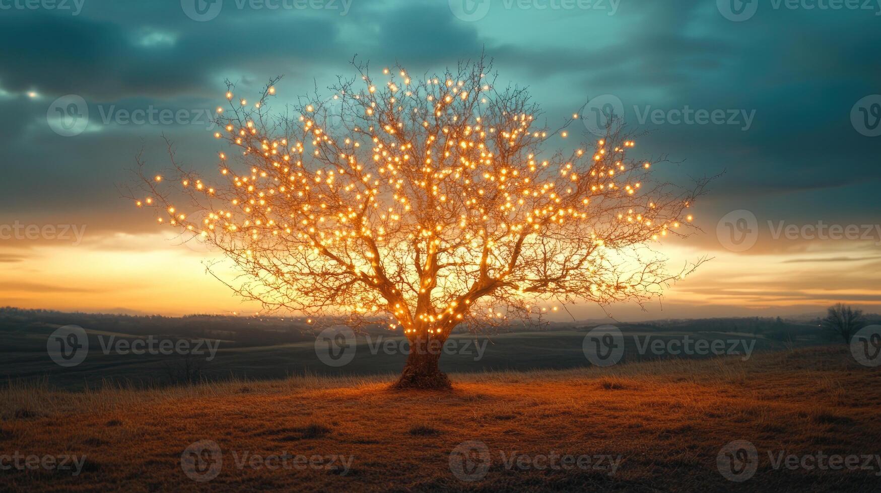 Bare autumn tree covered in glowing lights, sunset sky in the background photo