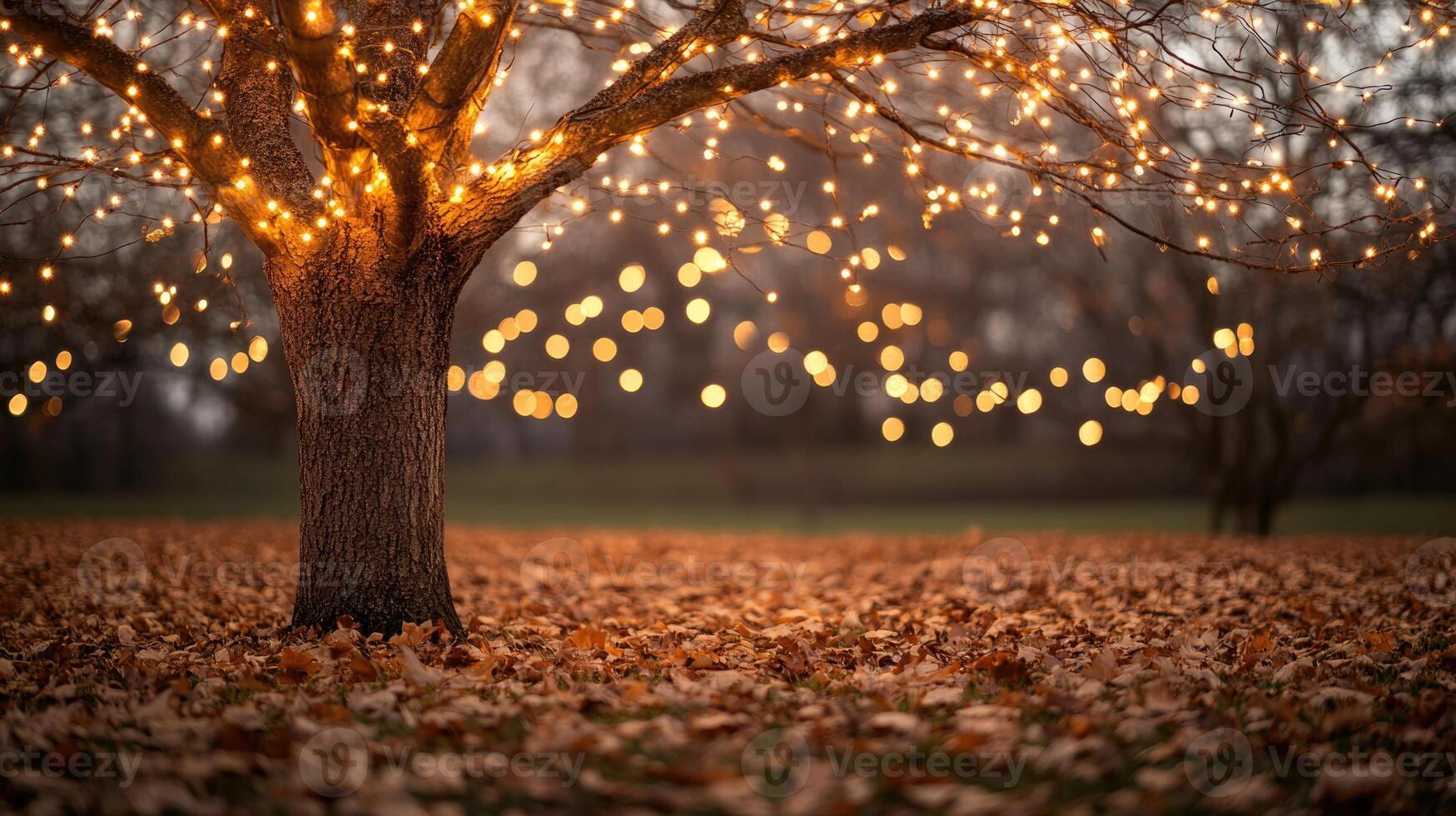 Bare autumn tree covered in warm string lights photo