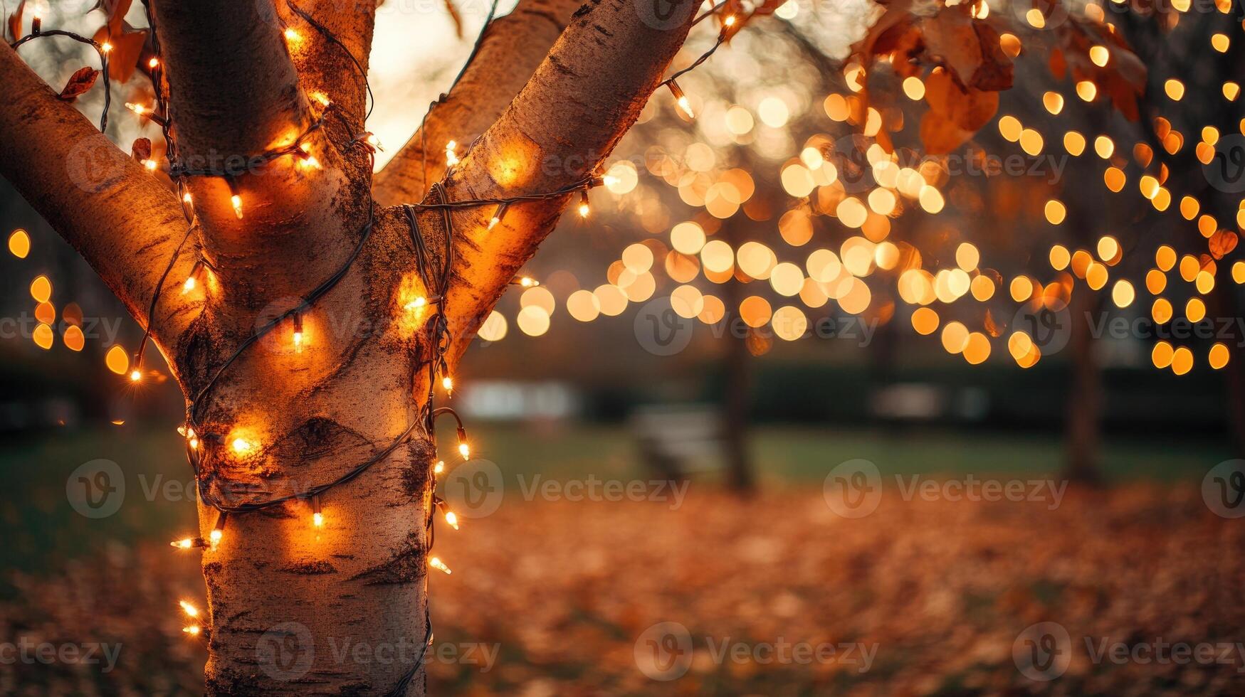 Bare autumn tree covered in warm string lights photo