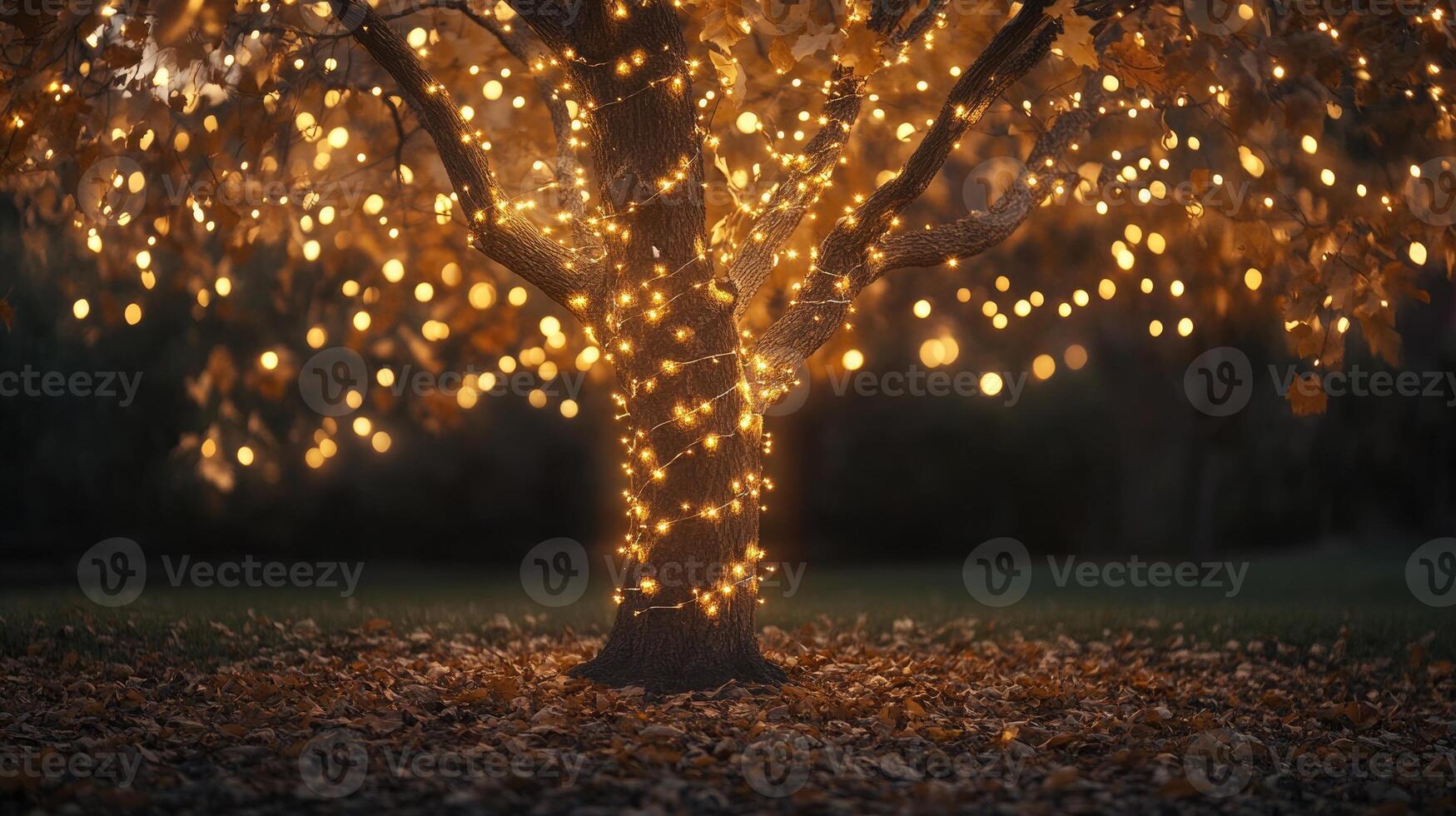 Bare autumn tree wrapped in glowing string lights photo