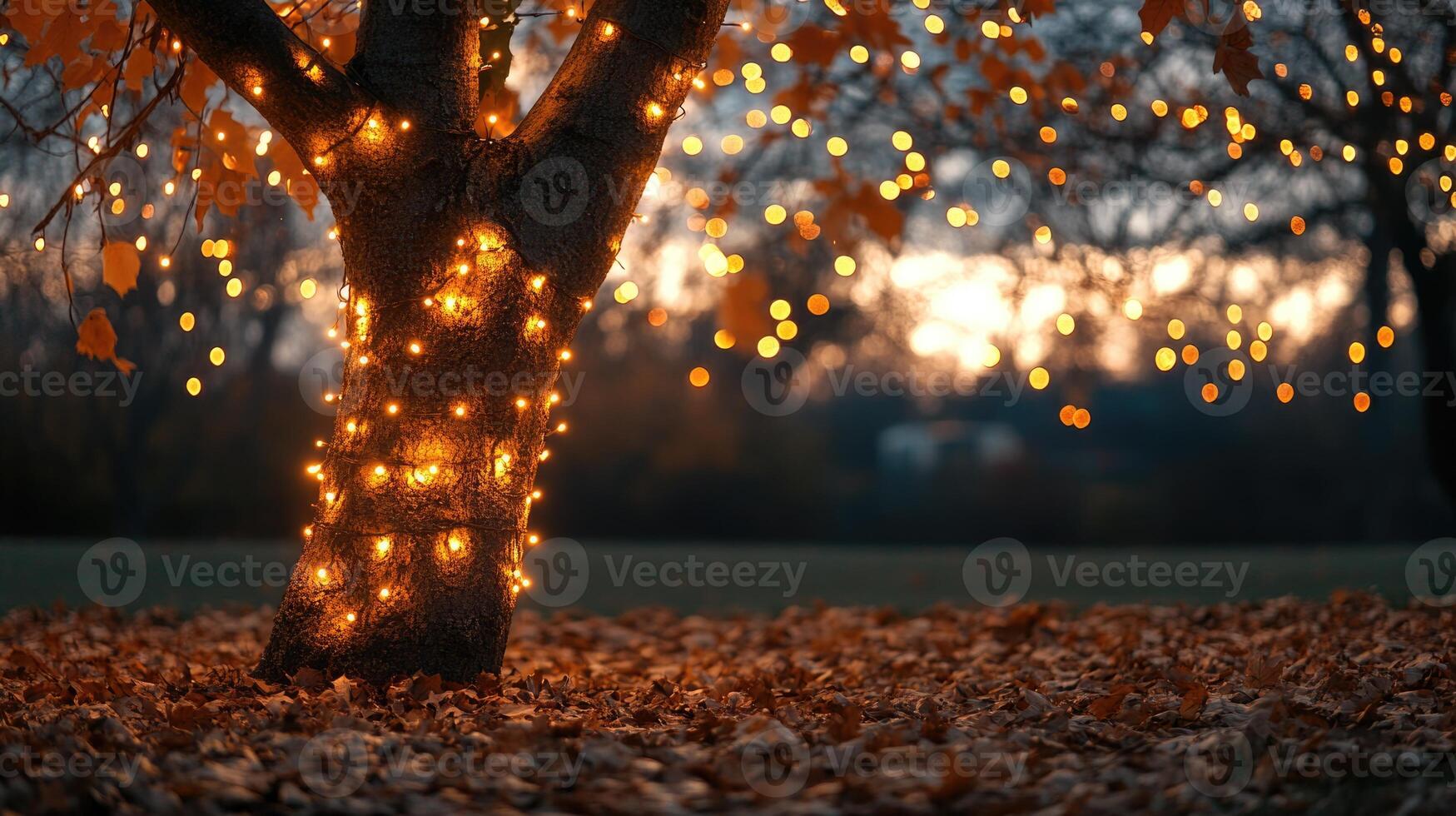 Bare autumn tree wrapped in glowing string lights photo