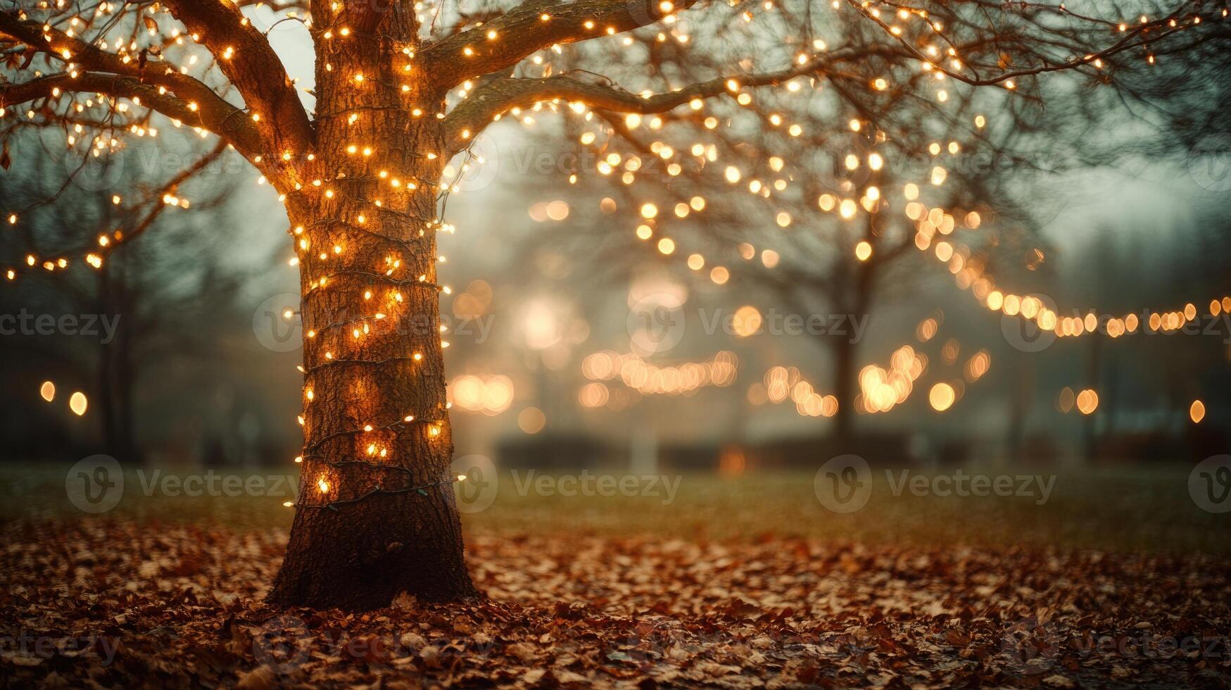 Bare autumn tree wrapped in glowing string lights photo