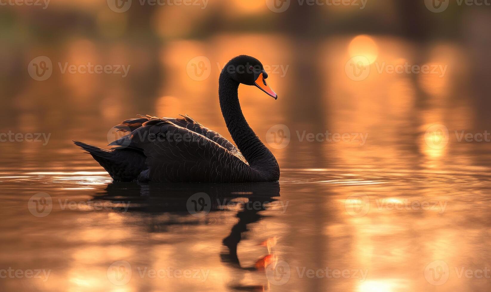 Black swan drifting on a still pond, soft ripples and reflections shimmering in the water photo