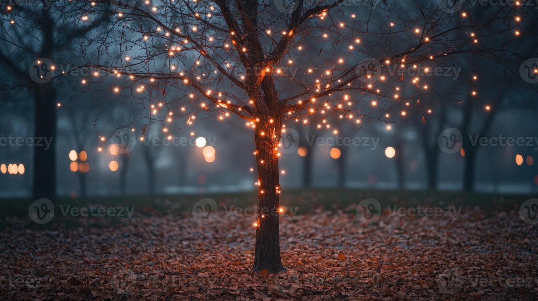 Bare autumn tree wrapped in glowing string lights photo