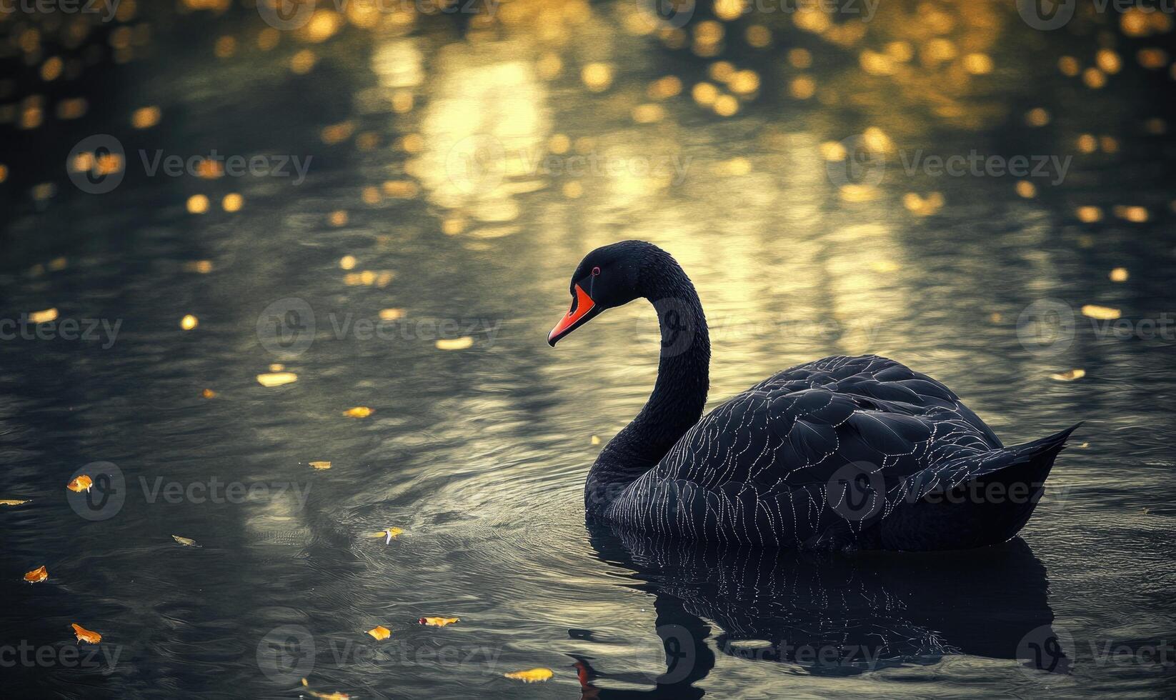Black swan floating on a quiet river, soft ripples and shadows reflecting on the water photo