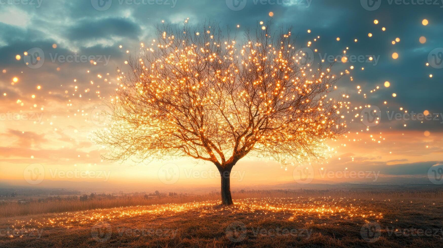Bare autumn tree covered in glowing lights, sunset sky in the background photo