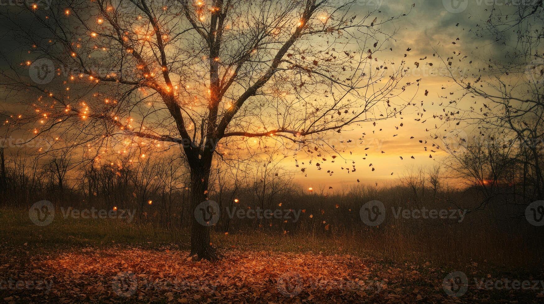 Bare autumn tree covered in warm string lights photo