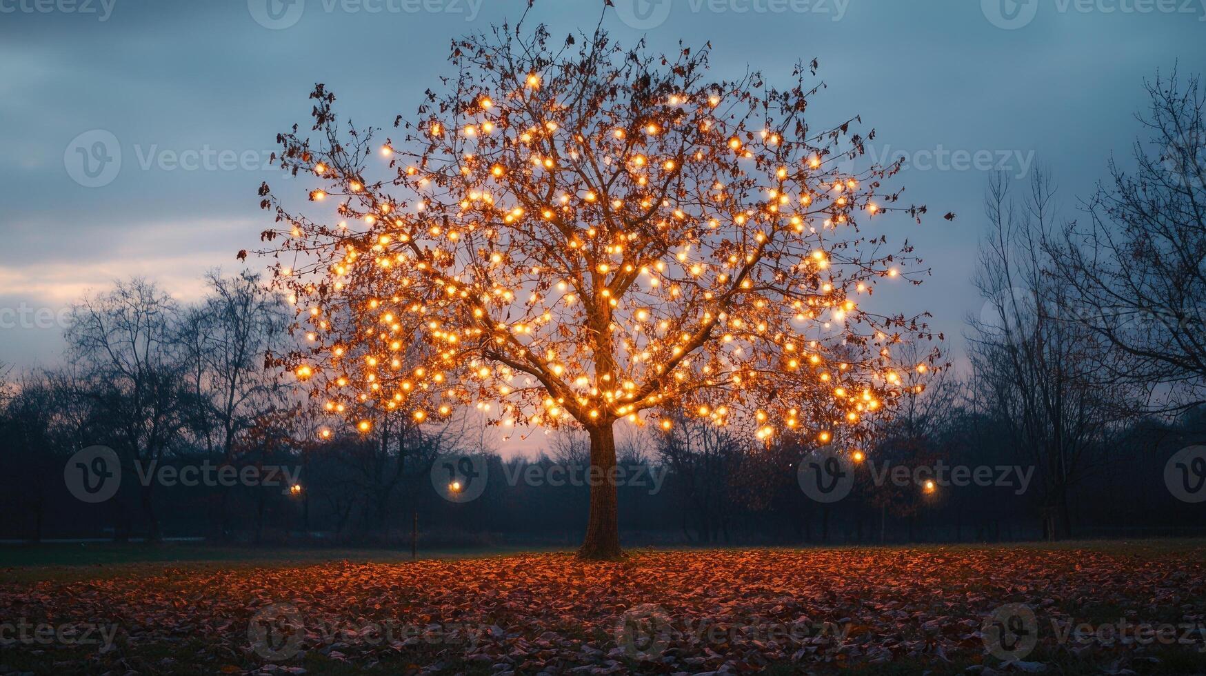 Bare autumn tree with few remaining leaves, strung with warm glowing fairy lights photo