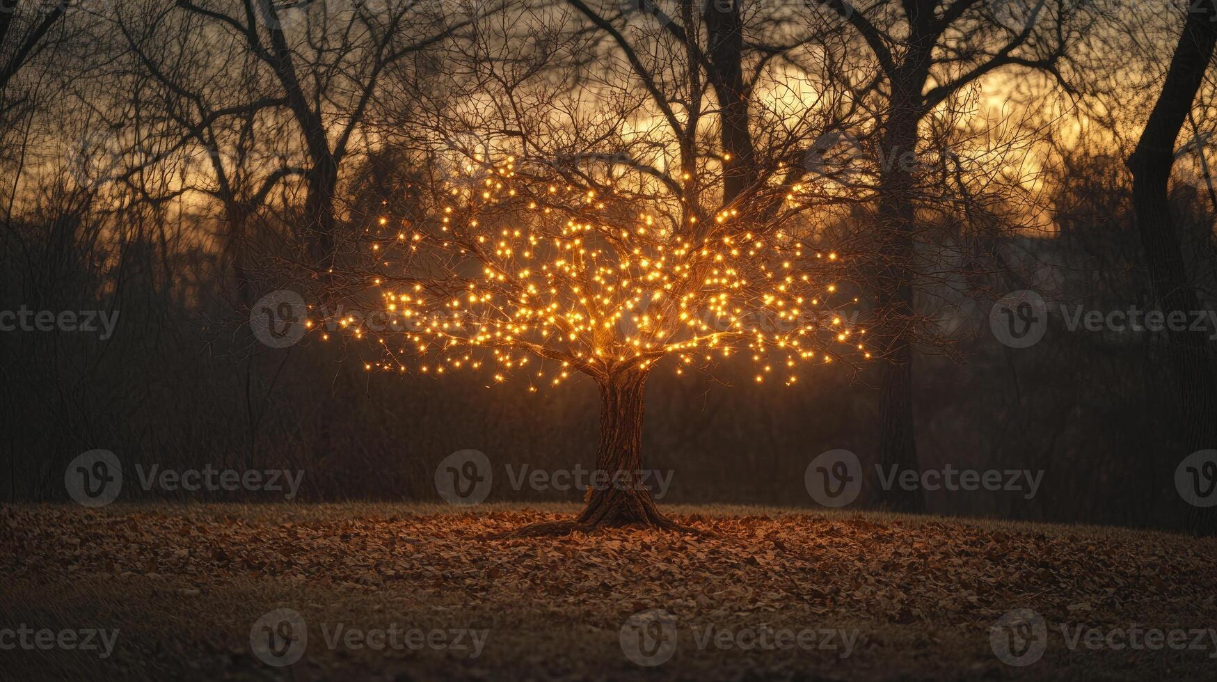 Bare autumn tree wrapped in glowing string lights photo