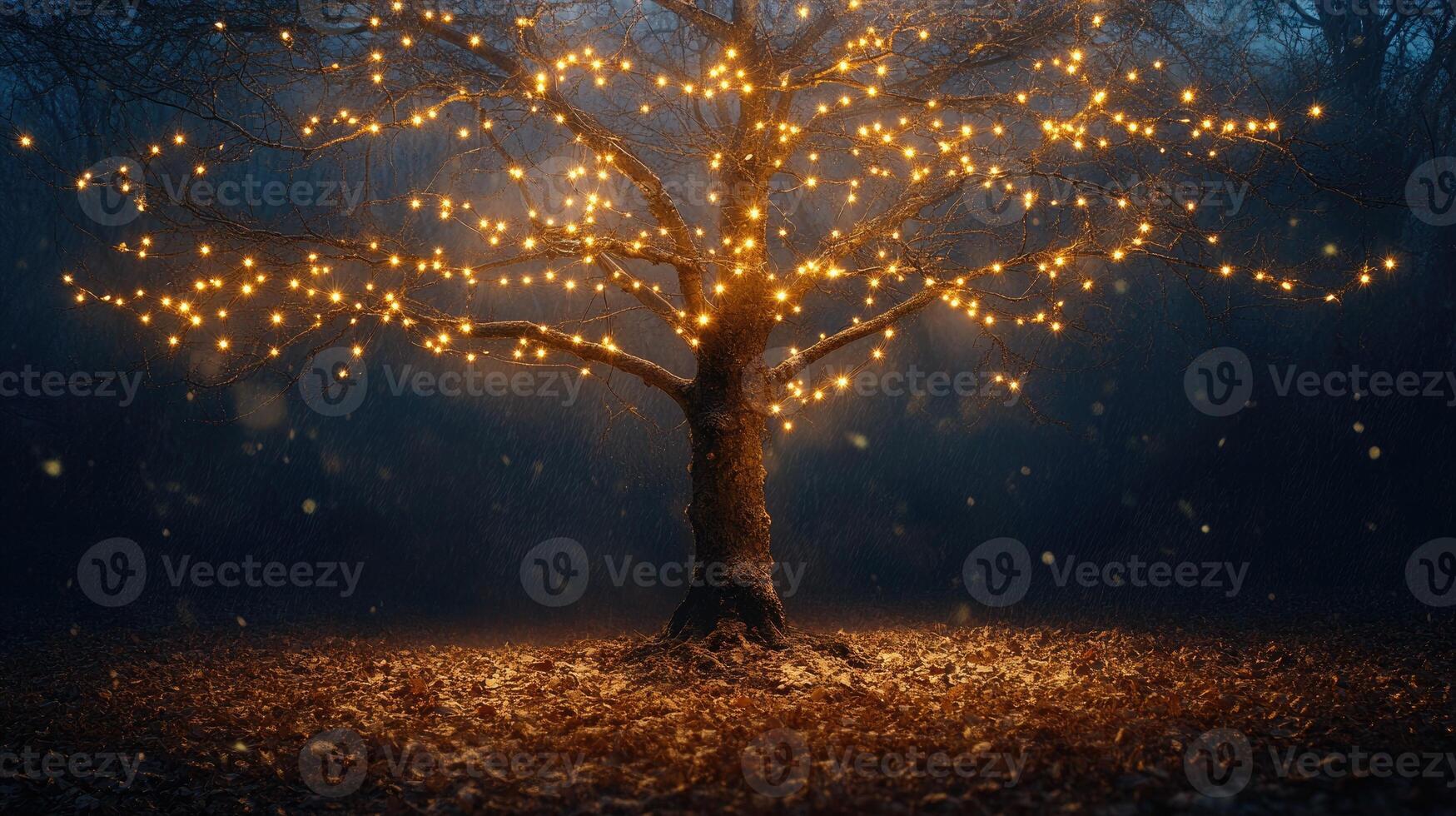 Bare autumn tree wrapped in glowing string lights photo