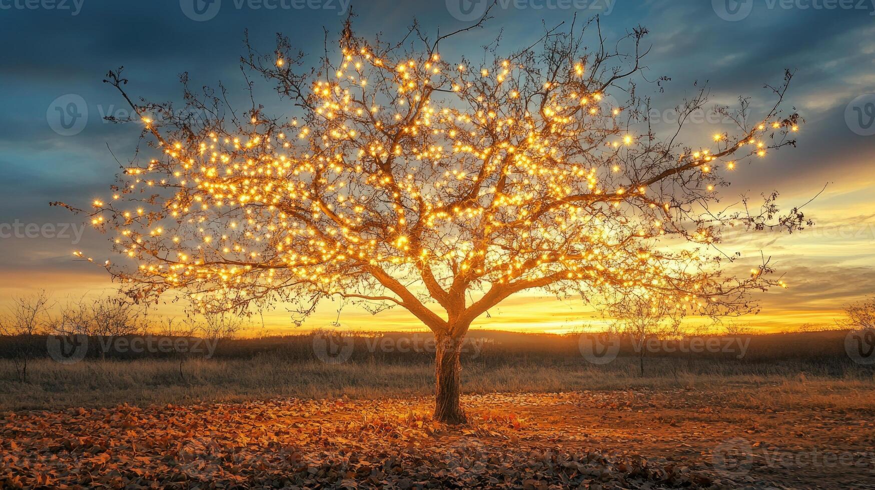 Almost leafless autumn tree, adorned with glowing fairy lights photo