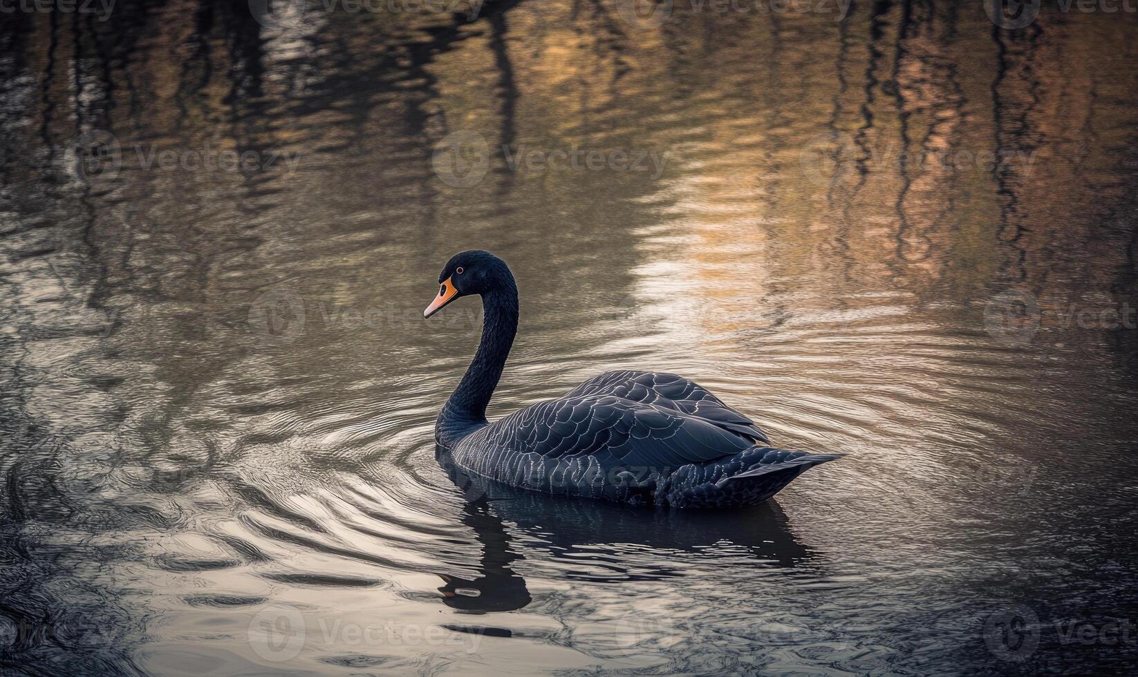 Black swan floating on a quiet river, soft ripples and shadows reflecting on the water photo