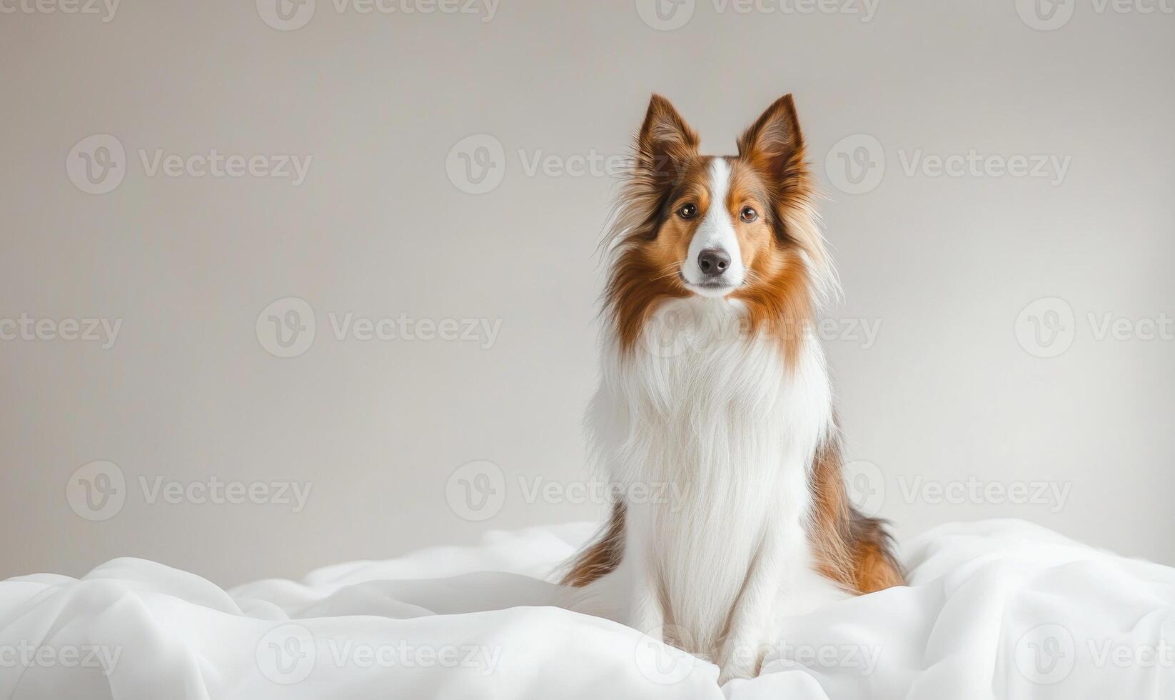 A Scottish Collie sitting elegantly in a studio with a plain white background photo