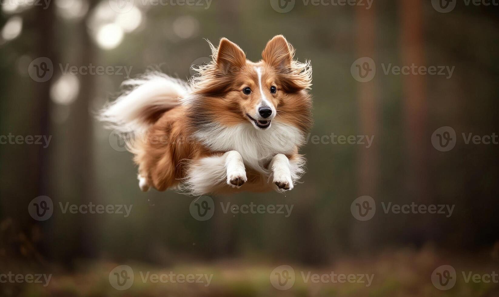 A Shetland Sheepdog in a mid-air jump, captured against a forest background photo