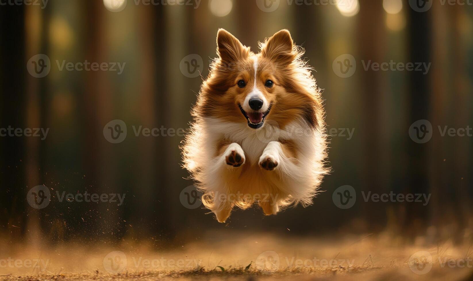 A Shetland Sheepdog in a mid-air jump, captured against a forest background photo