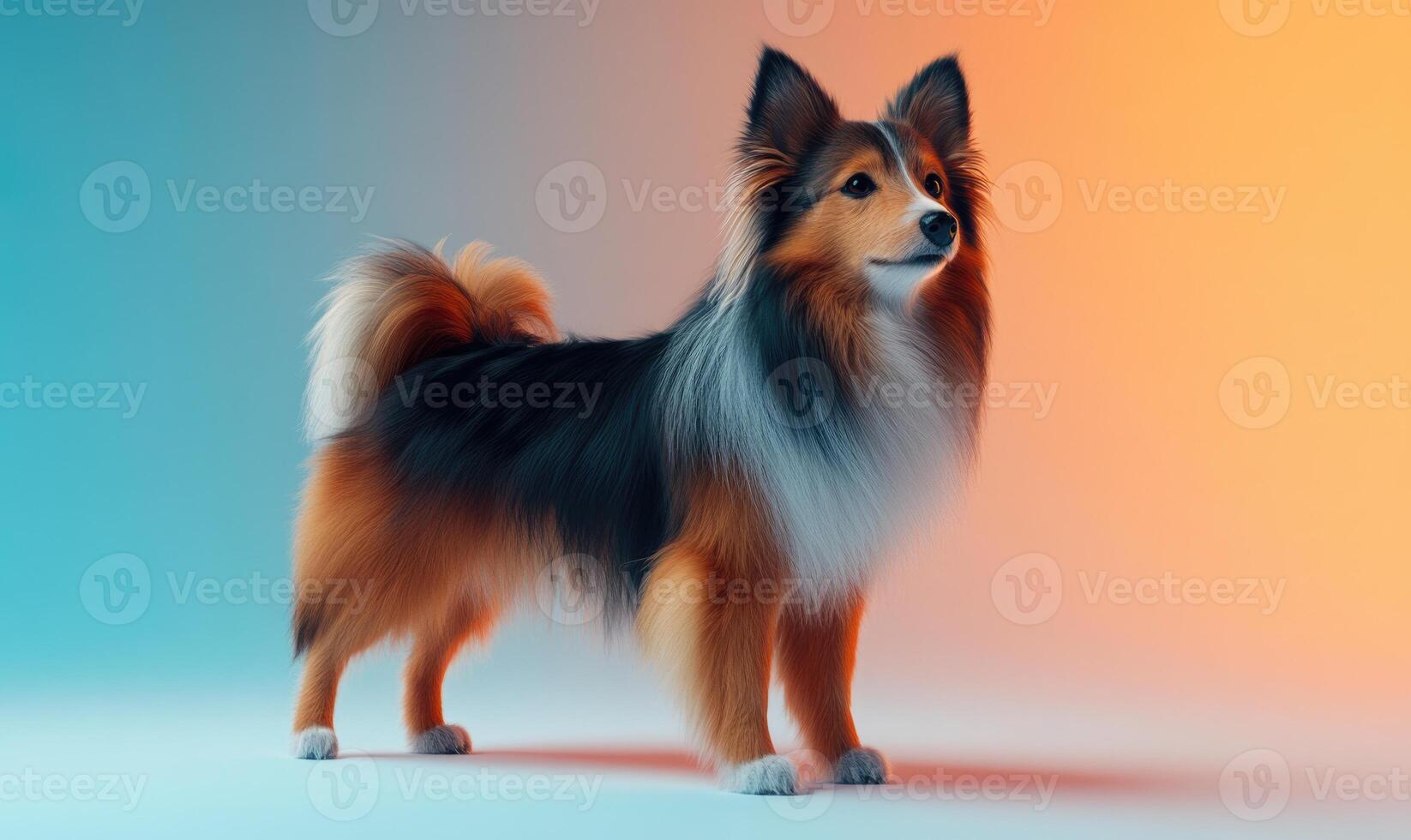A Shetland Sheepdog standing alert in a studio with a gradient background photo