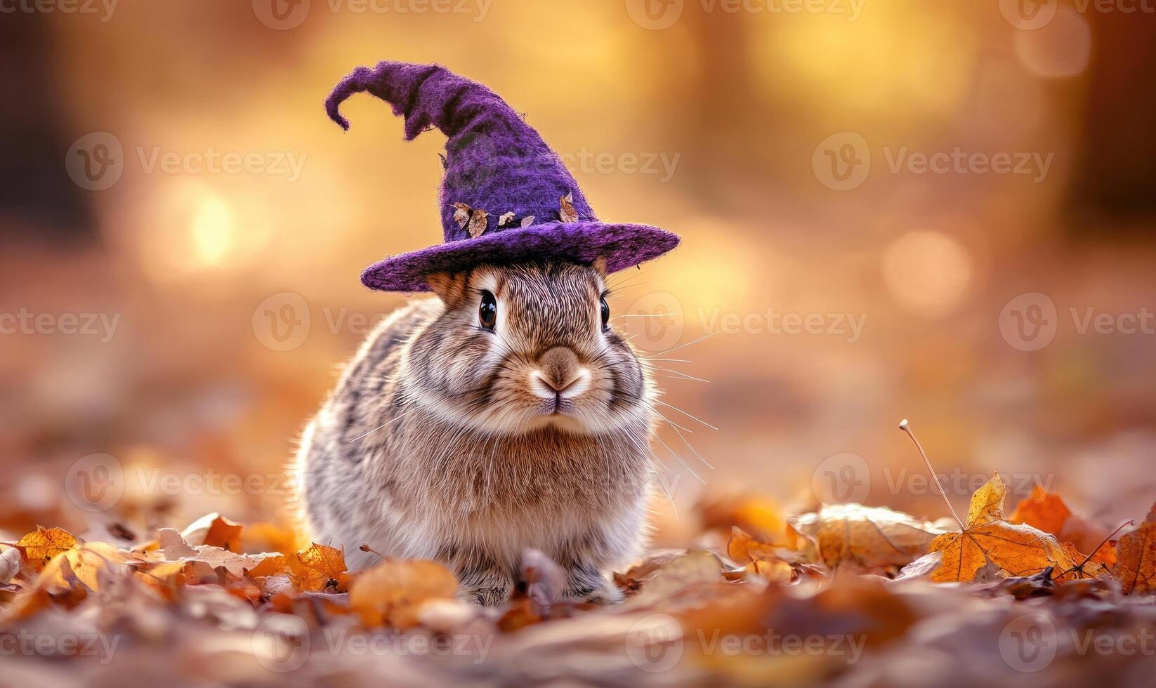 A rabbit wearing a small purple hat surrounded by a few scattered leaves photo