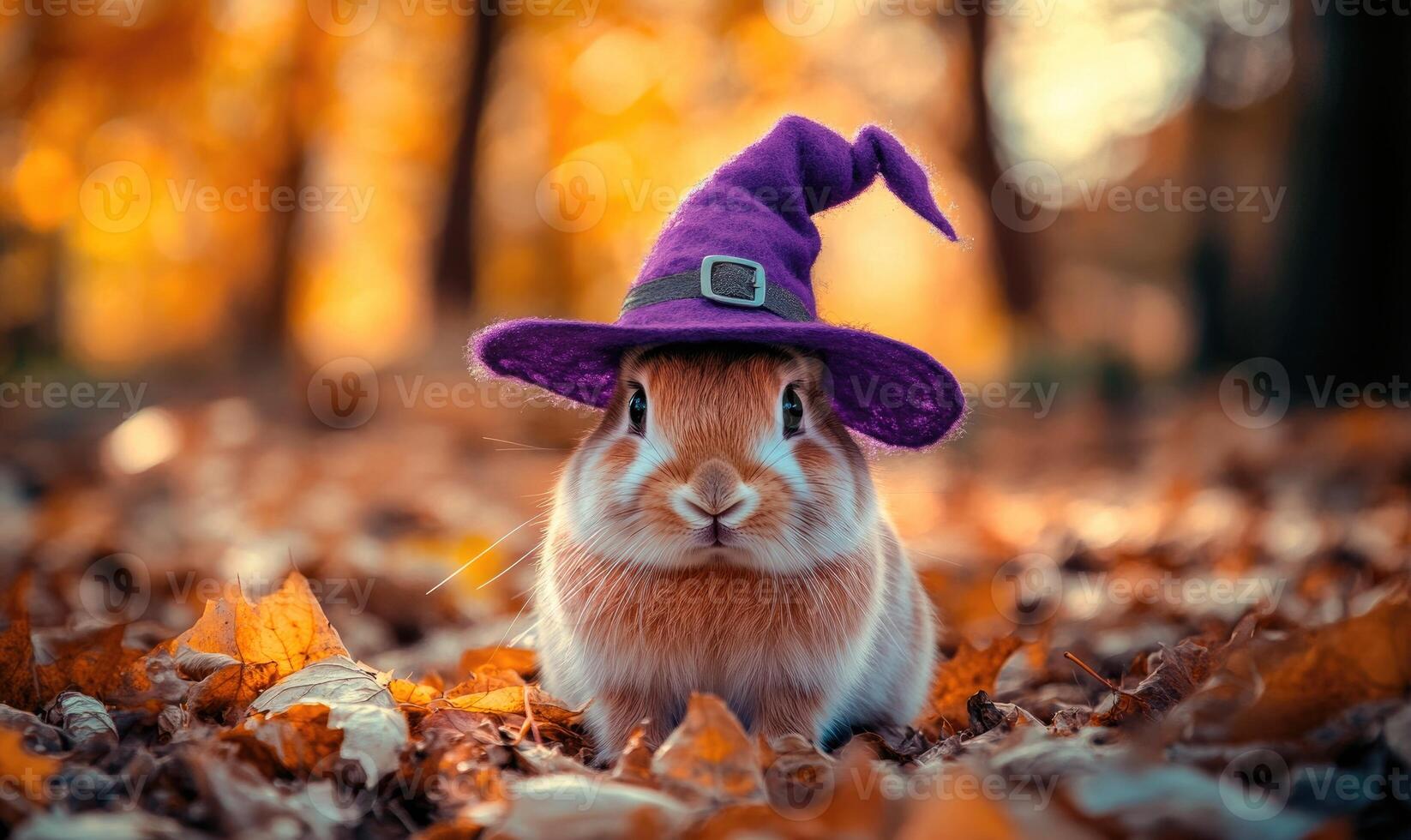 A rabbit wearing a small purple hat surrounded by a few scattered leaves photo