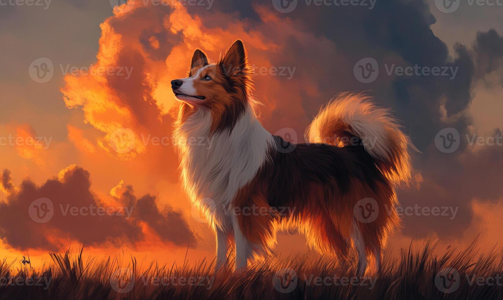 A Shetland Sheepdog standing in a field at sunset photo