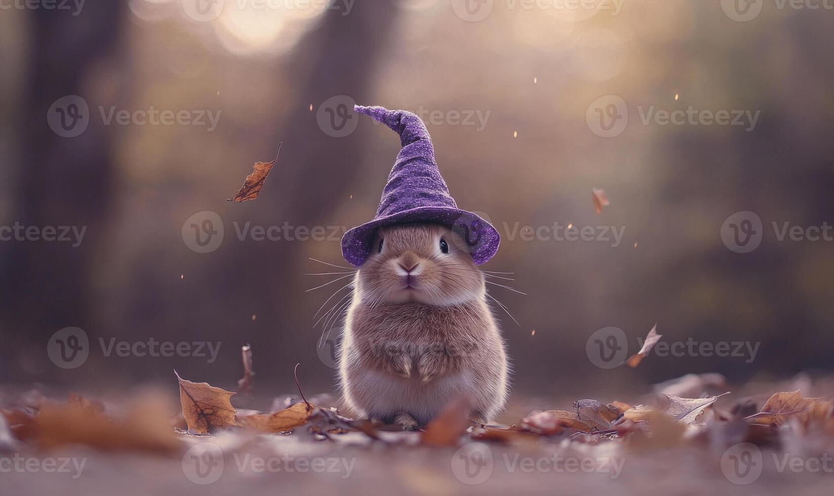 A rabbit wearing a small purple hat surrounded by a few scattered leaves photo