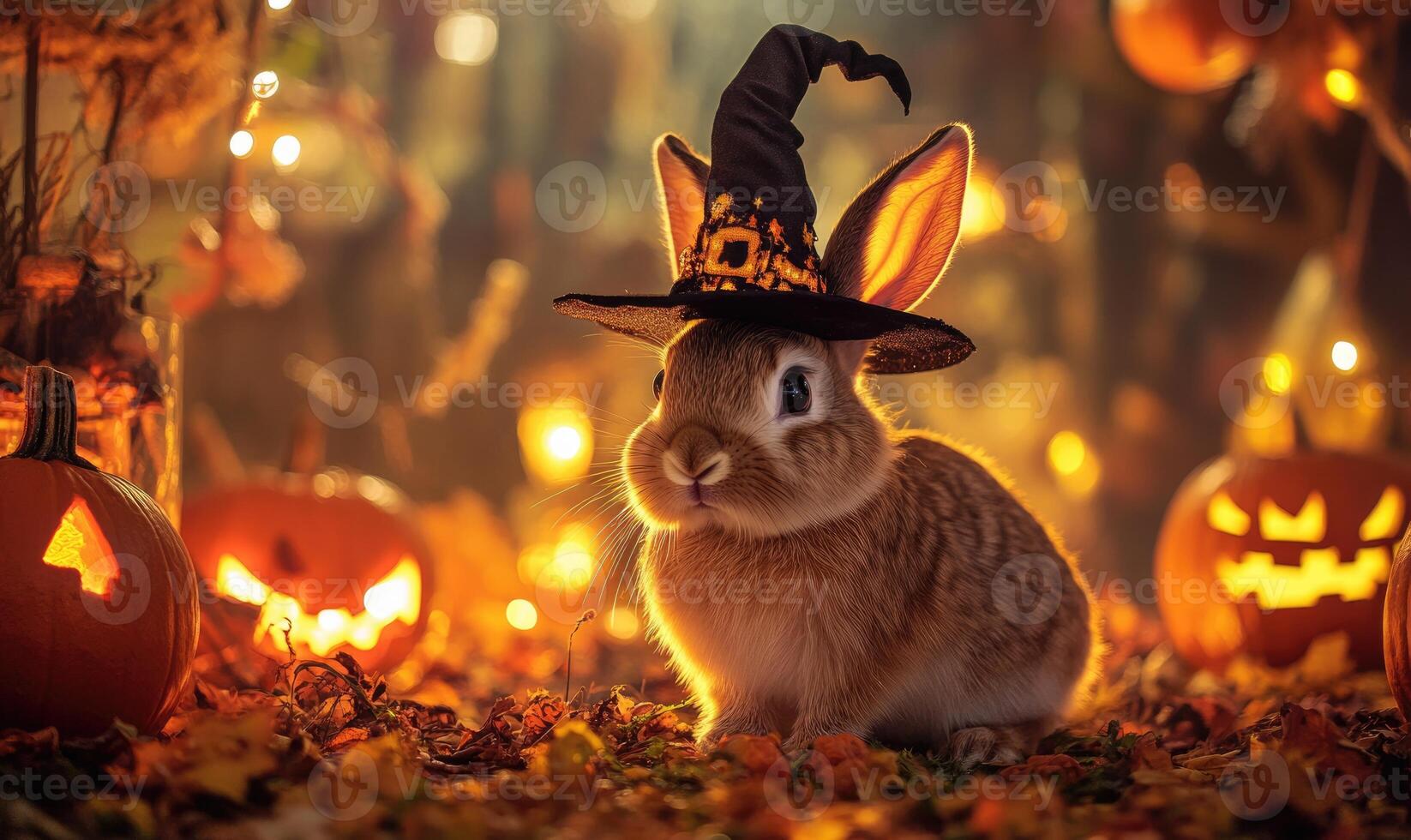 A rabbit with floppy ears donning a small hat, surrounded by glowing Halloween decoration photo