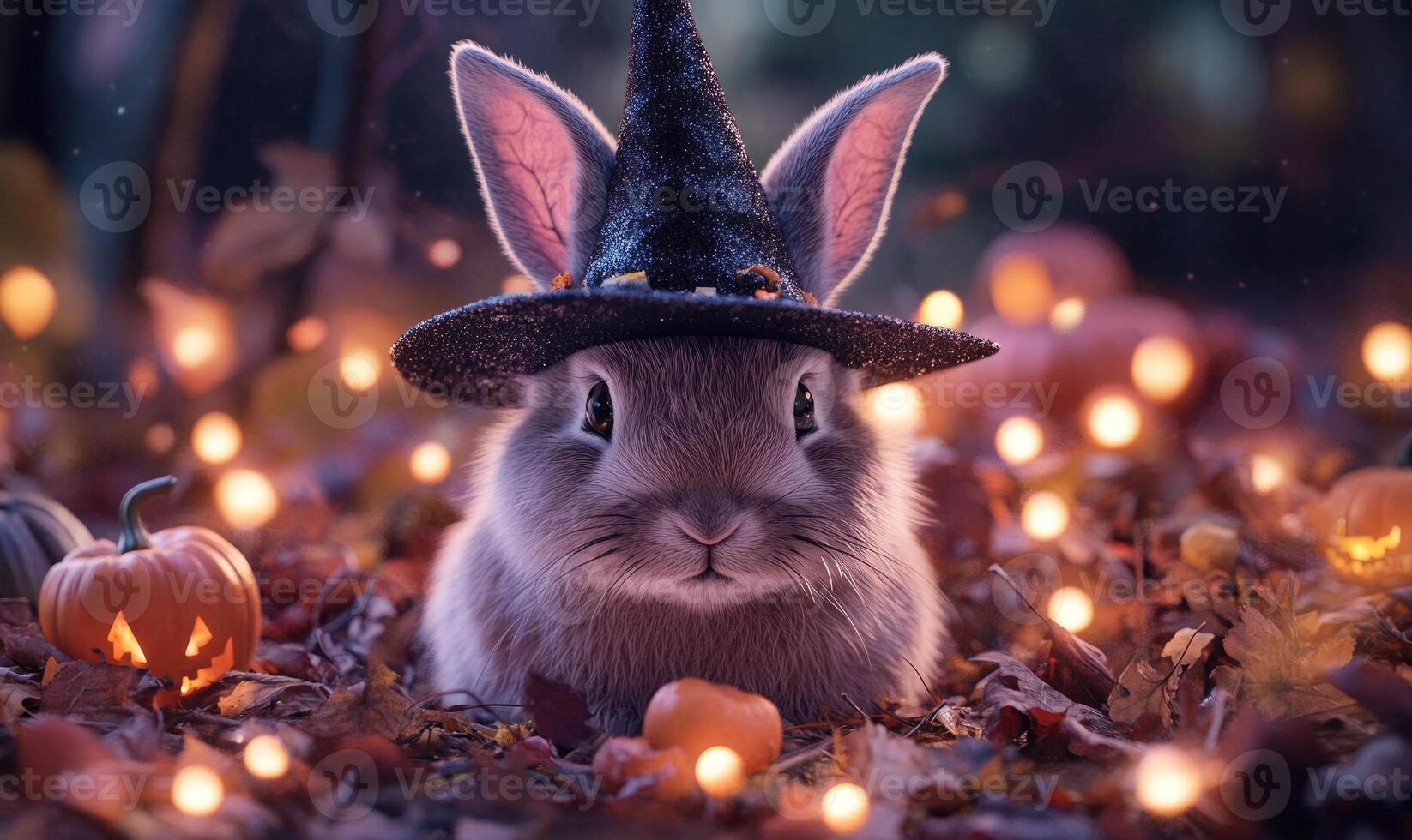 A rabbit with floppy ears donning a small hat, surrounded by glowing Halloween decoration photo