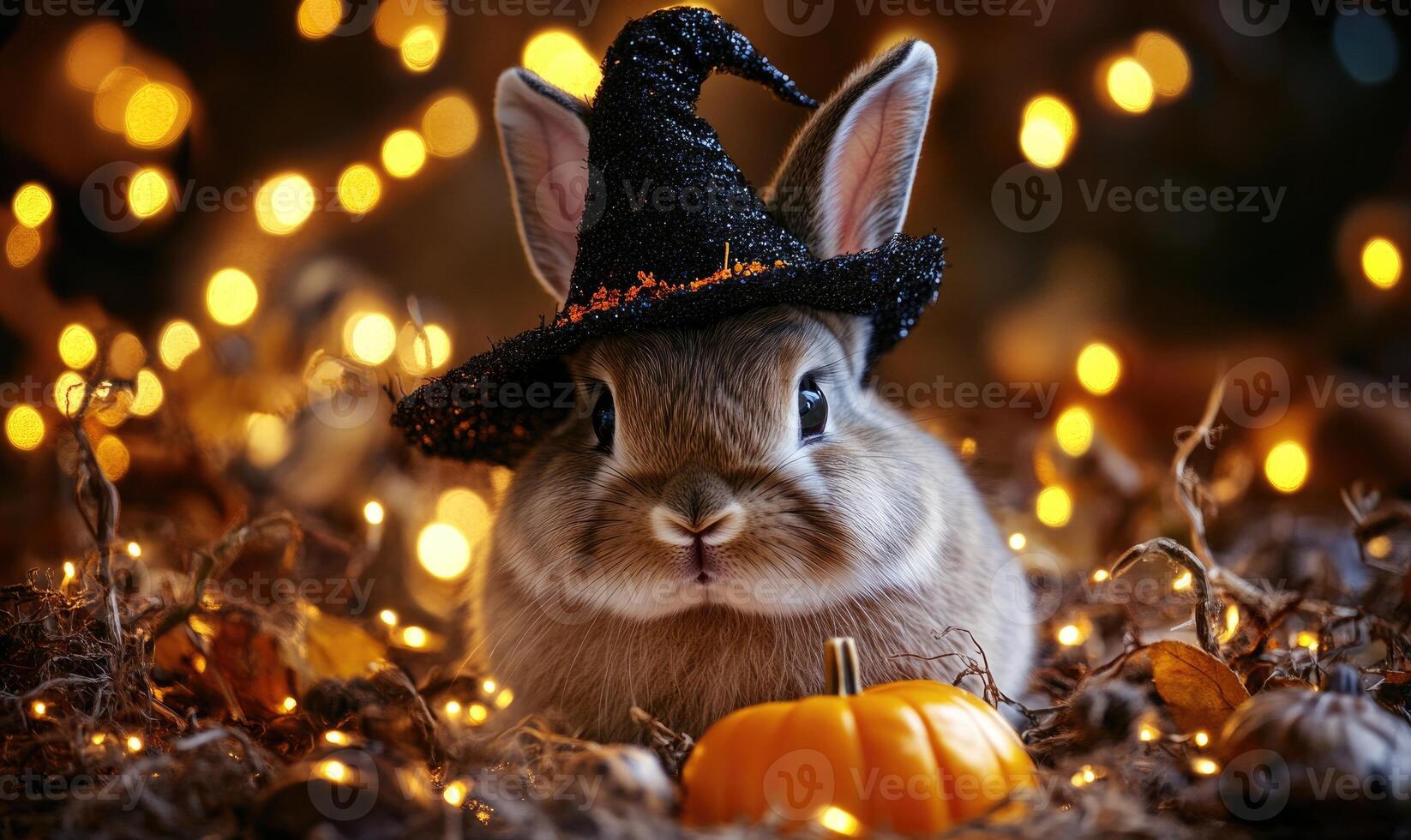 A rabbit with floppy ears donning a small hat, surrounded by glowing Halloween decoration photo