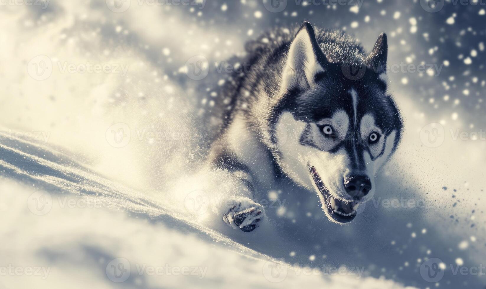 A dog is running through the snow with its mouth open photo