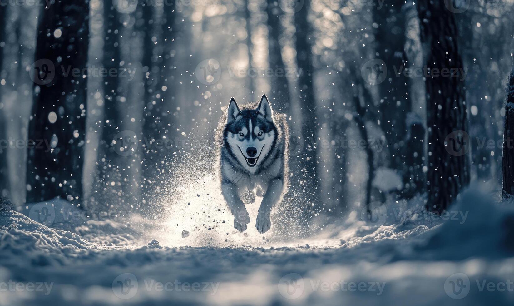 A dog is running through the snow in a forest photo