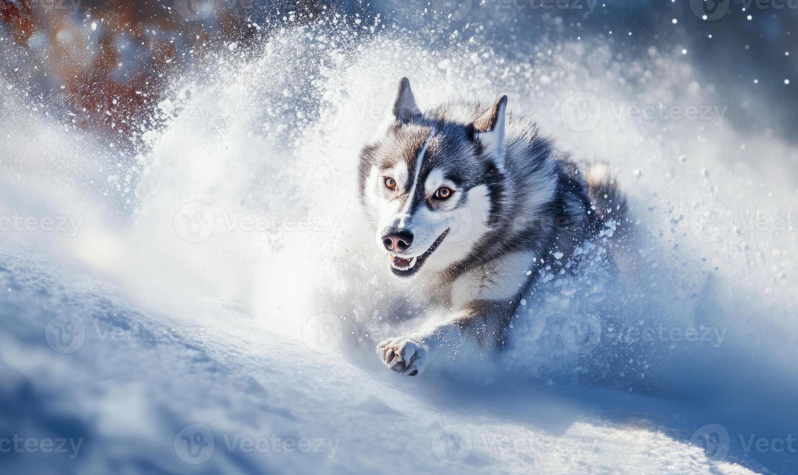 A dog is running through the snow with its tongue out photo
