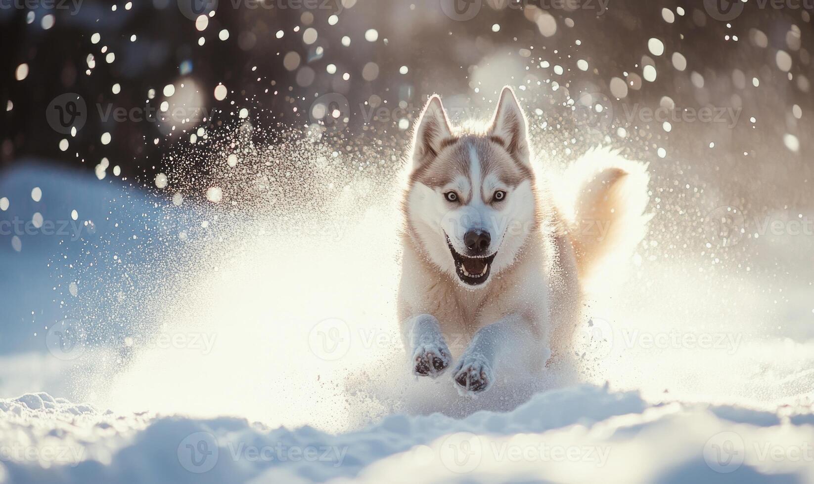 A dog is running through the snow with its tongue out photo