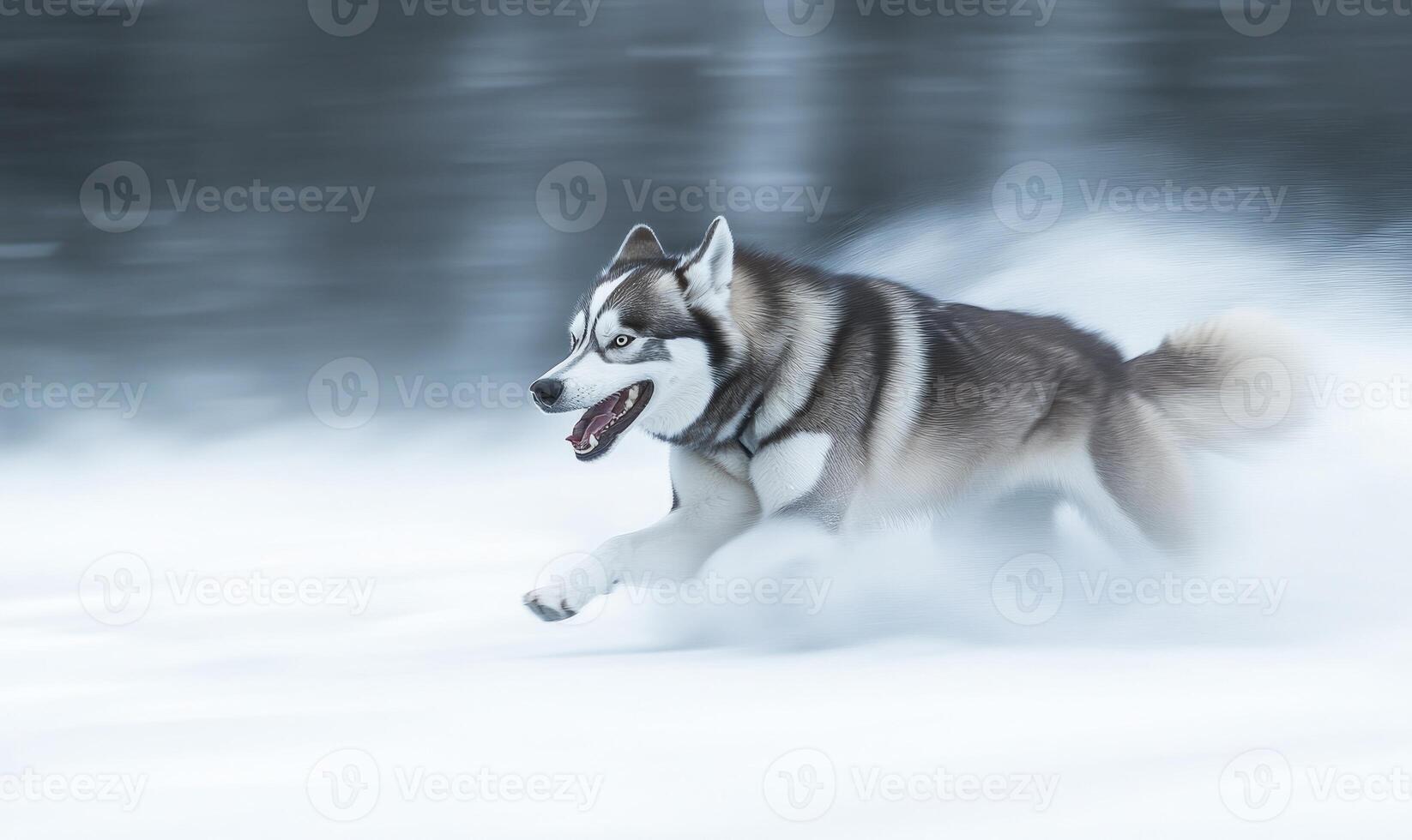 A dog is running through the snow with its tongue out photo