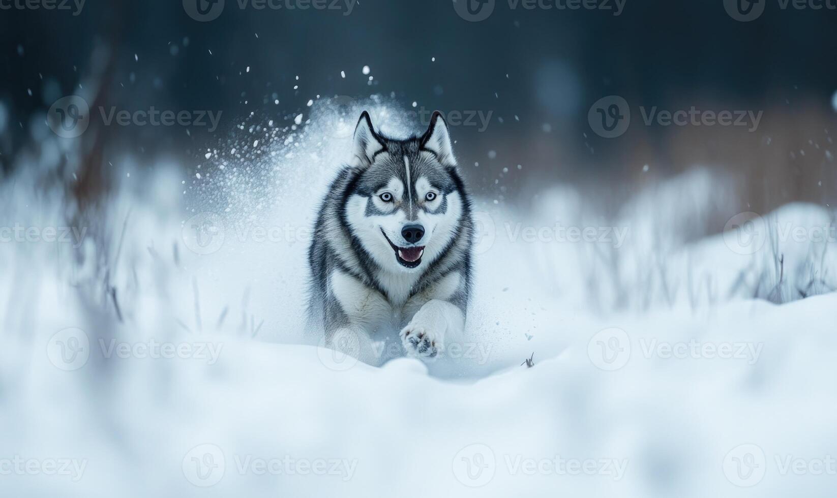 A dog is running through the snow with its tongue out photo