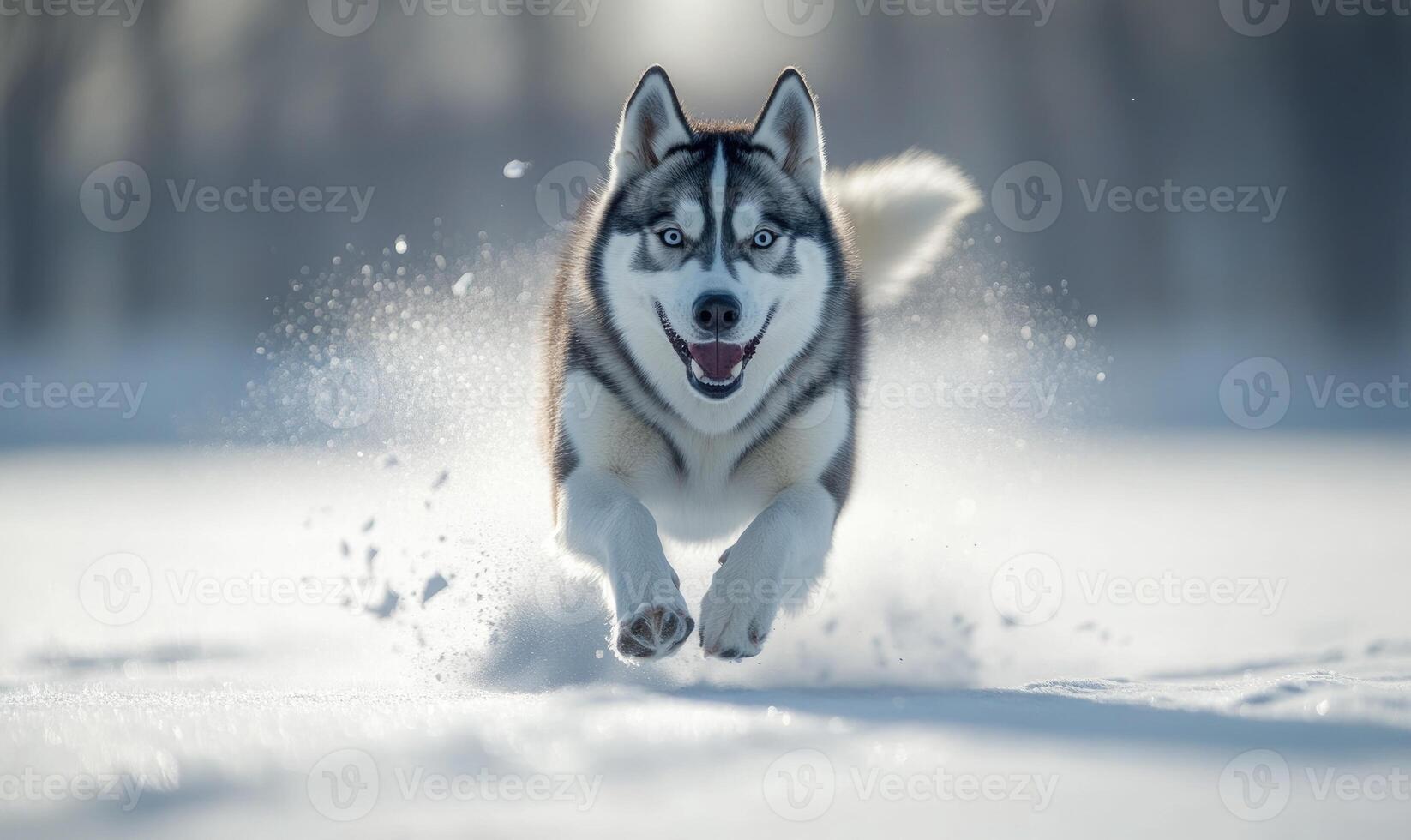 A dog is running through the snow with its tongue out photo