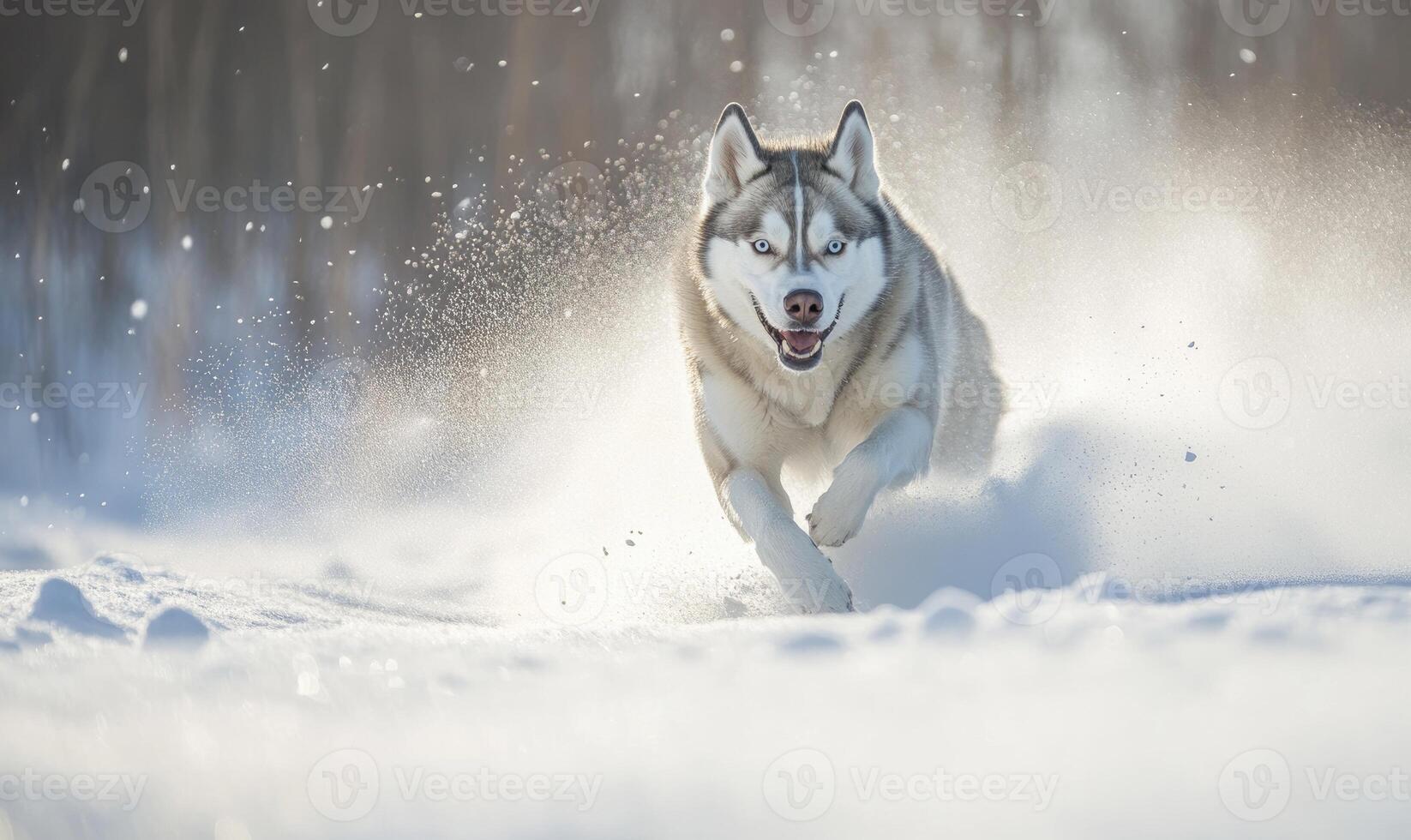 A dog is running through the snow with its tongue out photo