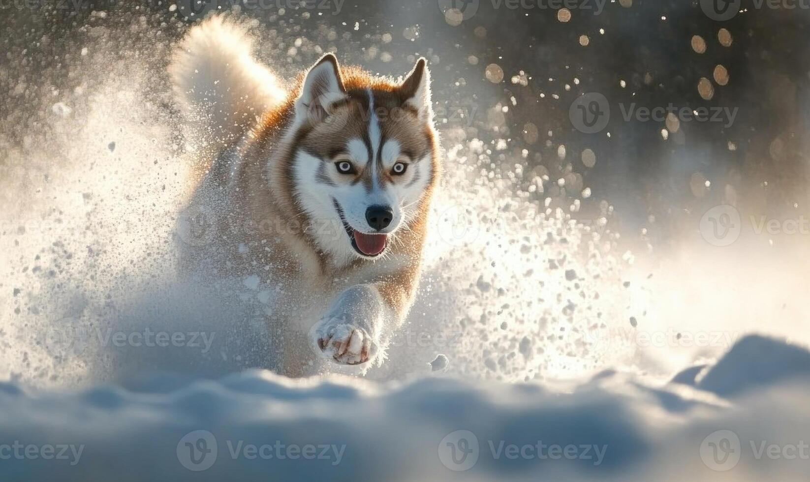 A dog is running through the snow with its tongue out photo