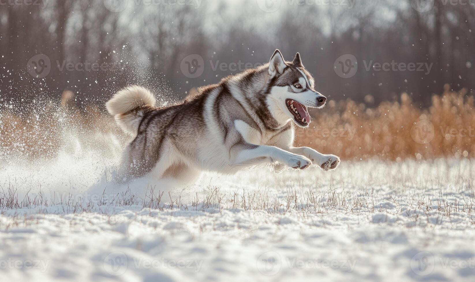 A dog is running through the snow with its tongue out photo