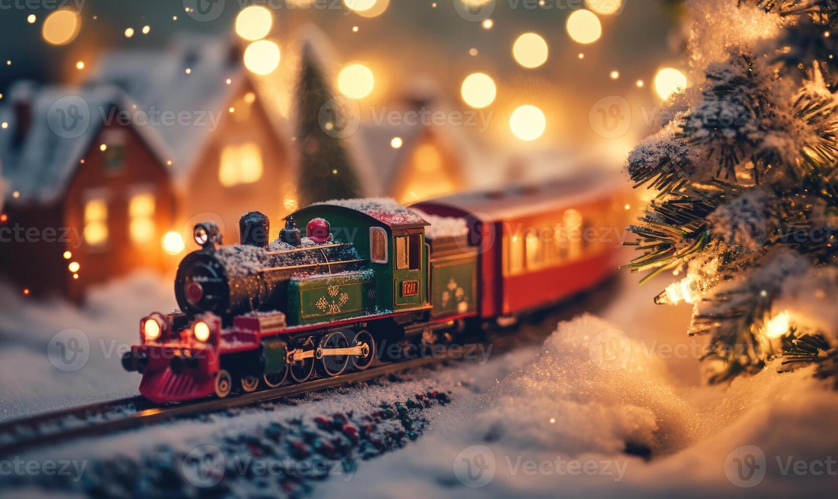 A train is traveling down a snowy track with a Christmas tree in the background photo