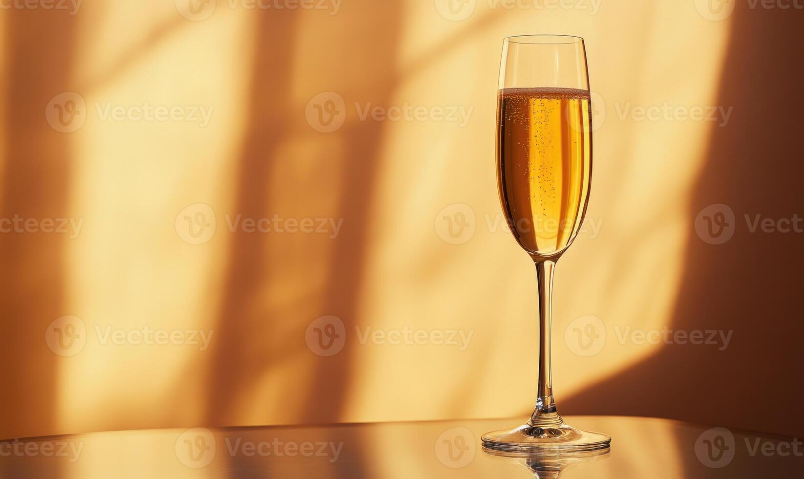 A glass of champagne is sitting on a table in front of a window photo