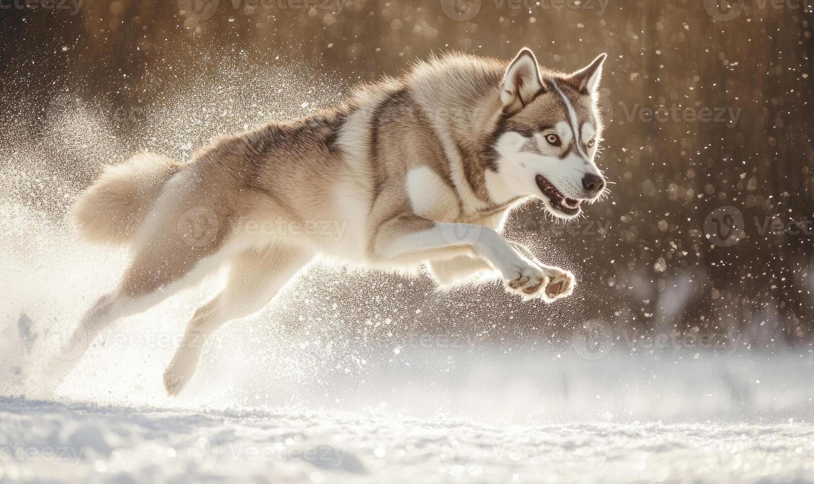 A dog is running through the snow with its tongue out photo