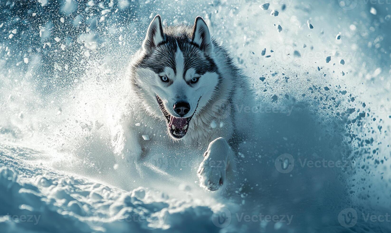 A dog is running through the snow with its mouth open and teeth bared photo