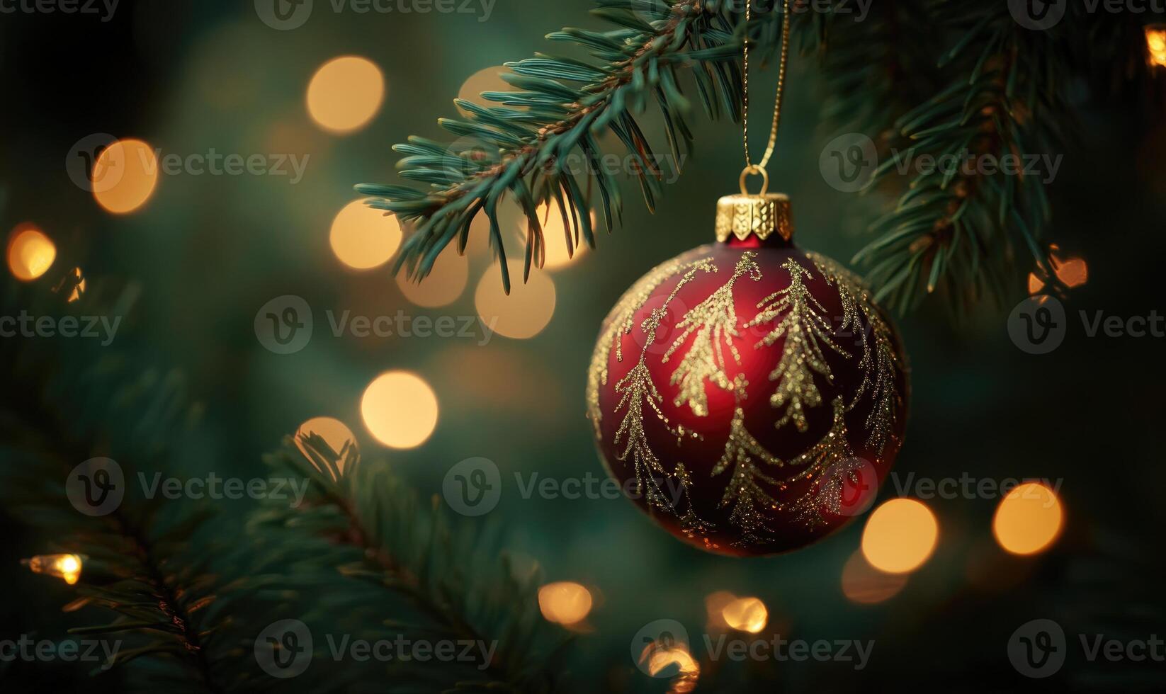 A red ornament hanging from a tree with a gold trim photo