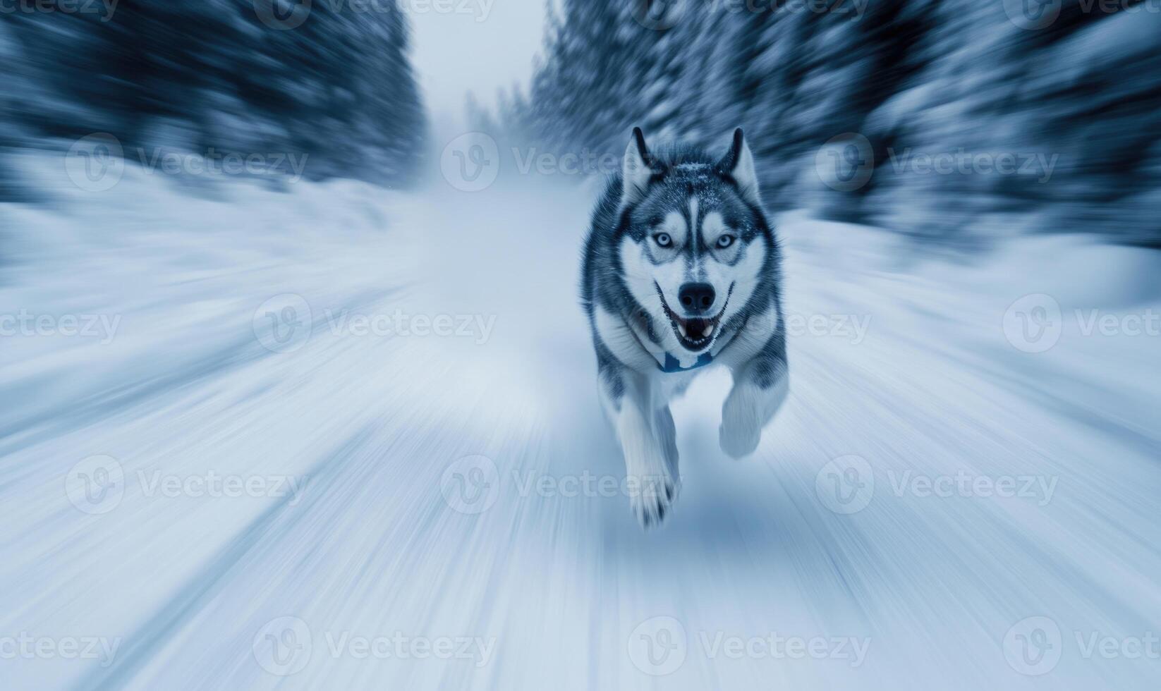 A dog is running on a snowy road photo