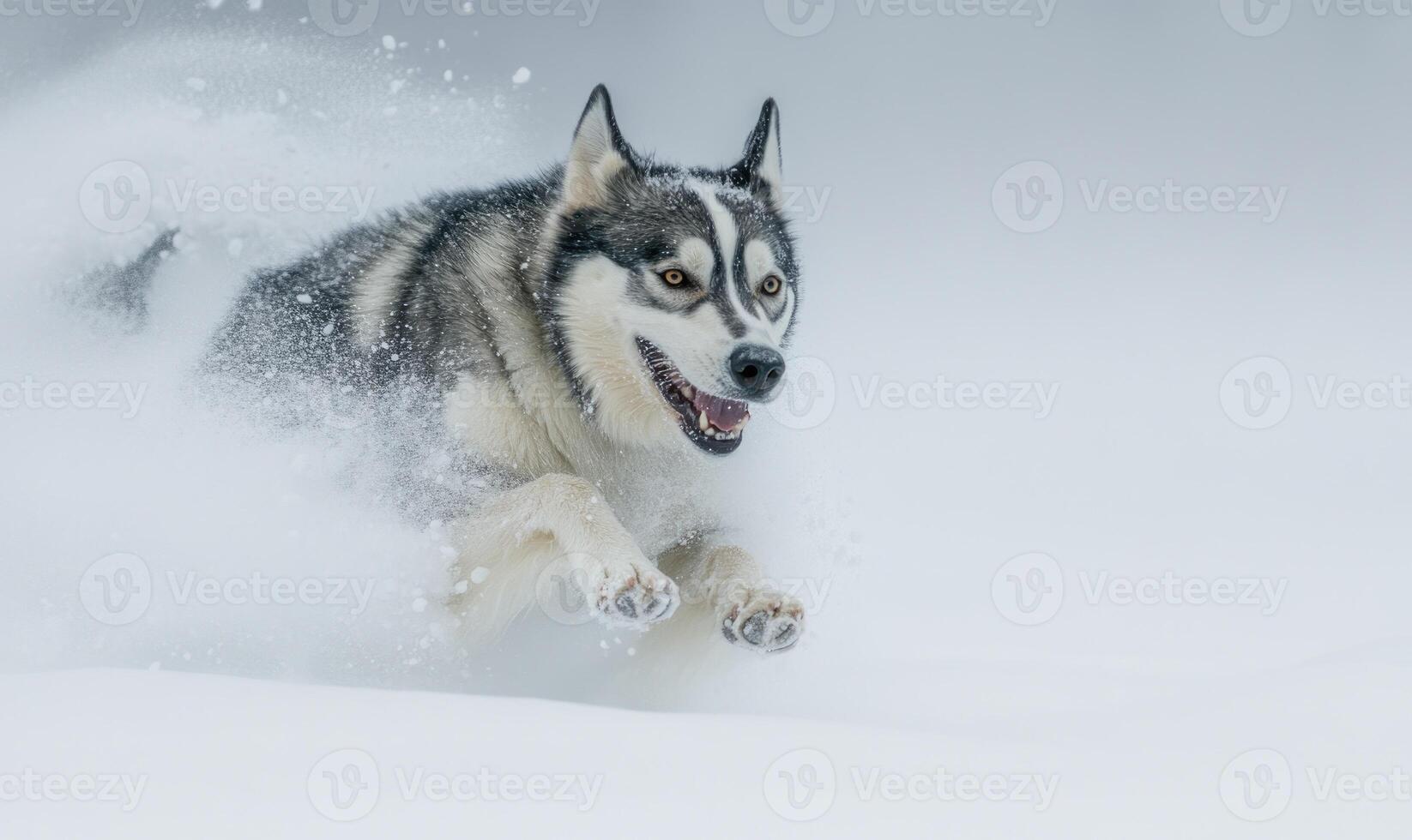 A dog is running through the snow with its tongue out photo