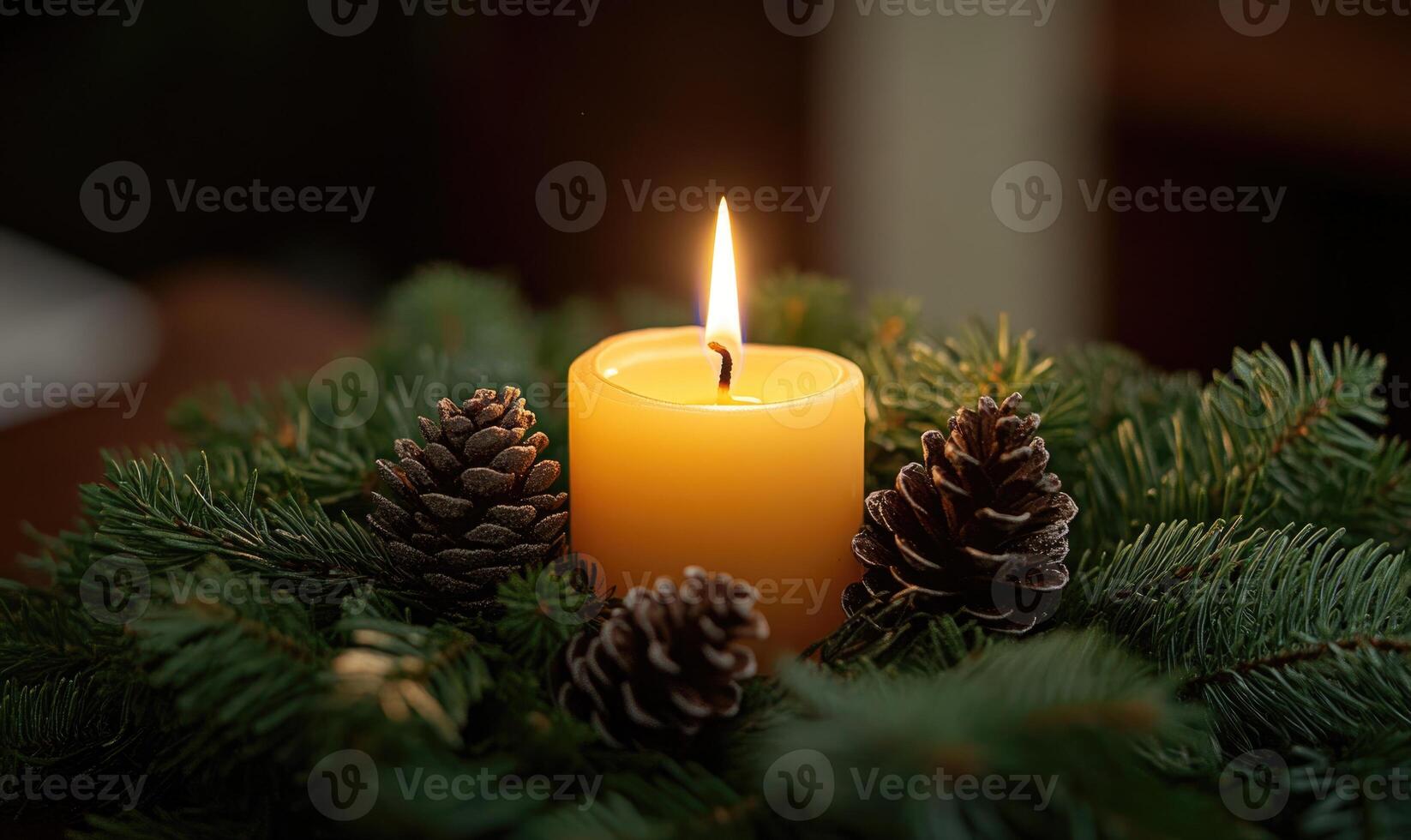 A candle is lit on a pine tree photo