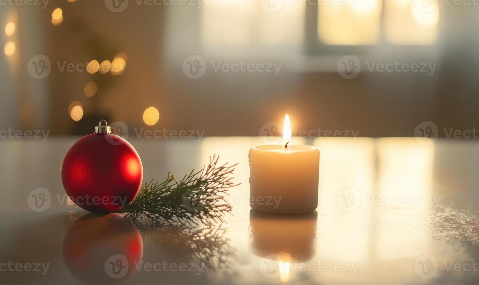 A red ornament and a candle are on a table photo