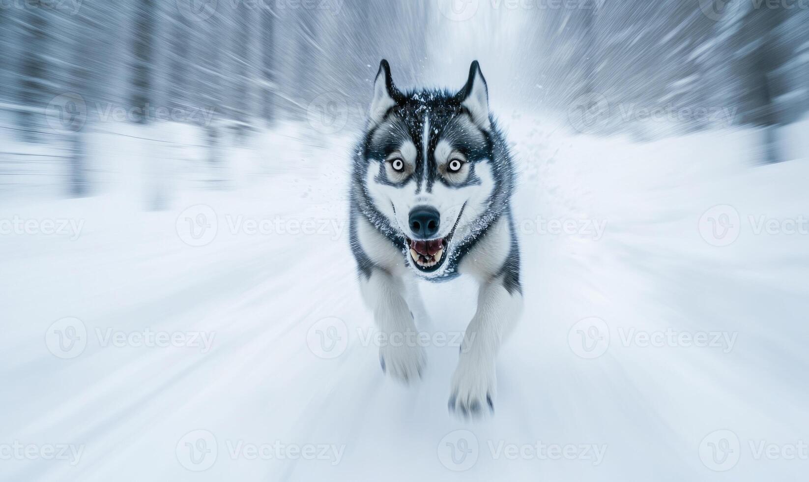 A dog is running through the snow with its tongue out photo