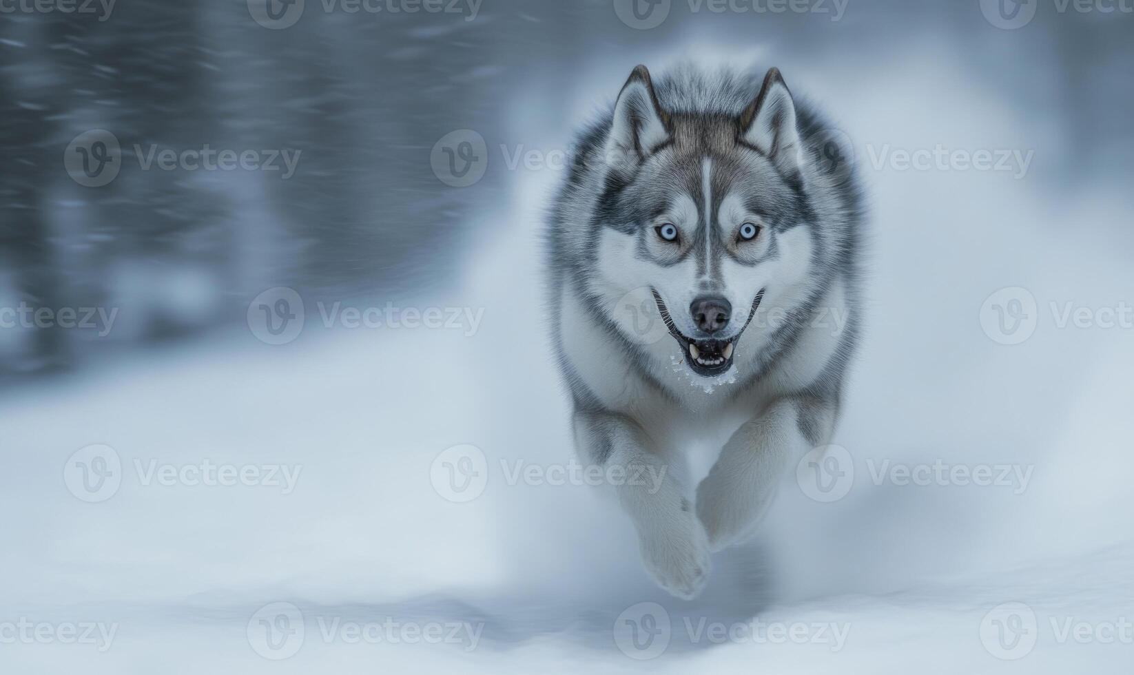 A dog is running through the snow with its tongue out photo